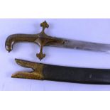 An Indian tulwar, the 77cm curving steel blade with traces of decoration, the iron hilt with