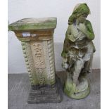 A composition garden pedestal, together with a composition garden figurine
