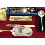 A Victorian silver teaspoon, a silver mustard spoon, two silver gilt pickle forks and other plated