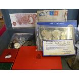 A silver 'Silver Jubilee' coin 1910-1935, case, two J.S.Fforde 10 shilling notes and other coinage