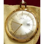 Oris - a gold plated keyless wind open face pocket watch, with silvered dial and calendar