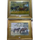 Late 20th century English School - Galloping Horses, oil on board, unsigned, gilt frame, 28cm x 38cm