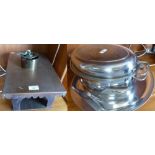 A copper food warmer with burner, together with a large tray and twin handled pan with cover