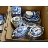 A collection of blue and white pottery, including part Spode tea service, Ringtons lidded jar, jug