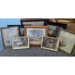 Watercolour of a seascape, signed Jacqueline Hall 1997, together with various other prints