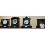 A collection of three slate and enamelled faced mantel clocks, together with ebonised and