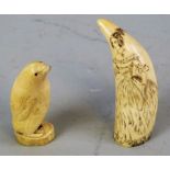 A 19th century Scrimshaw whale's tooth, etched with a study of a crinoline lady, 14cm high