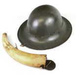 A WWII Zuckerman Civil Defence Helmet, with detached liner and a cow horn flask (2)