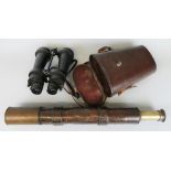 A Boer War period brass and leather artillery spotting two-draw telescope, inscribed "Clarkson and