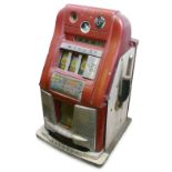 A Mills Hi-Top arcade fruit machine, circa 1950's, the part maroon painted die-cast fascia with