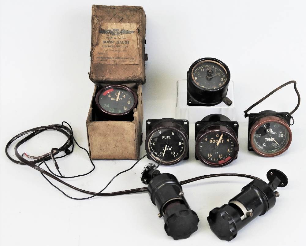 WWII aircraft instruments, comprising boost, fuel pressure, oil temperature, clock and two cockpit