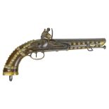 An early 19th century flintlock pistol, the walnut stock with brass fittings, trigger guard and