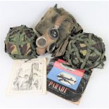 Two British Army Kevler helmets, circa 1985 and a WW2 P37 gas mask and bag (3)