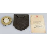 A WWI bronze memorial plaque for Alfred Bovington, in cardboard case, with Buckingham Palace slip,