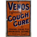 A Venos lightening Cough Cure single sided porcelain enamel advertising sign, 76 x 51 cm.