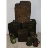 Three War Department Jerry cans, c. 1944/45, an Esso petrol can, three jugs and three Castrol oil