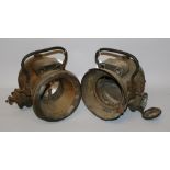 An Edwardian pair of Rotax Roadlight 265 self generating acetylene headlights, with brass bodies,