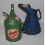 A green Aladdin pink parafin container, and a blue 5 litre jug (2)