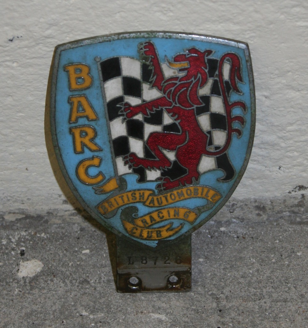 A British Automobile Racing Club bumper badge, number L8726