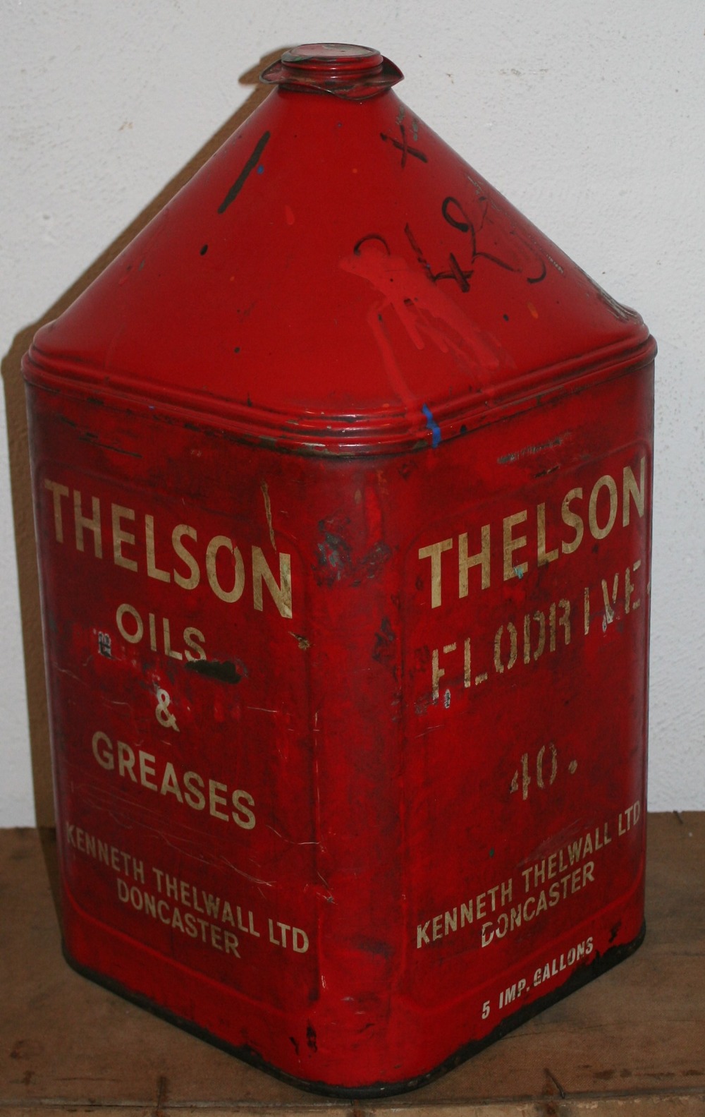 A Thelson Oils of Doncaster 5 gallon oil can, with cap, height 50 cm.