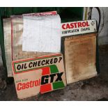 A Castrol lubrication chart, various charts and a Castrol GTX plastic sign.