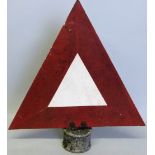 A Winsser triangular caution sign with cast alloy mount, height 46 cm.