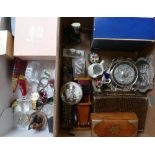 Binoculars, watches, hip flask, glassware, models, fish servers, plate ware, in two boxes