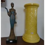 An Art Deco style figure of a female socialite and a yellow glazed jardiniere plinth (2)