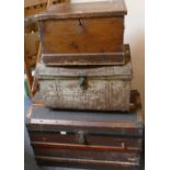 A travelling trunk, together with contents of collectors plates and a wooden pine box and tin