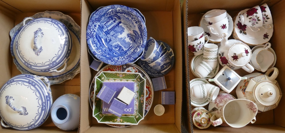 Three boxes of blue and white table ware, including Copeland Spode and Pountney together with