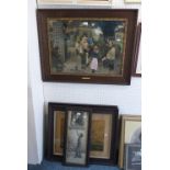 Oak framed Victorian print depicting the village Punch and Judy show, together with three other