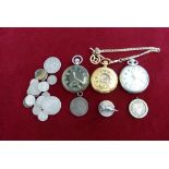 Two silver L.M.R.A cadet medals, various coins and three pocket watches, one with a 9ct gold masonic