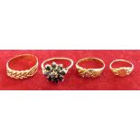 A 9ct rose gold woven ring, a 9ct gold and sapphire cluster ring and two other rings, gross weight 9