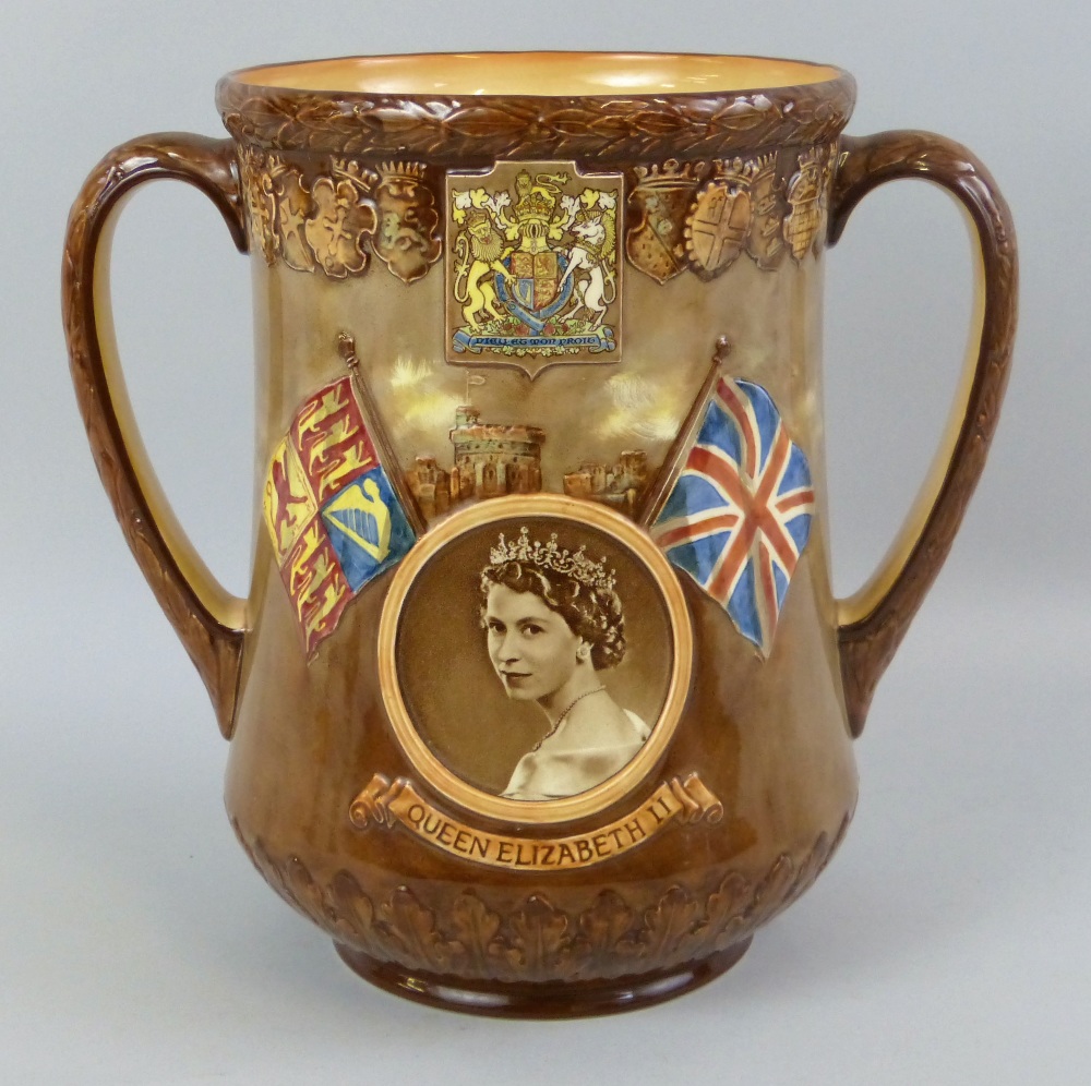 A Royal Doulton Elizabeth II 1953 coronation commemorative limited edition loving cup, number 264/