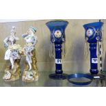 A pair of figurines together with a pair of blue glass lustre vases (AF) (4)