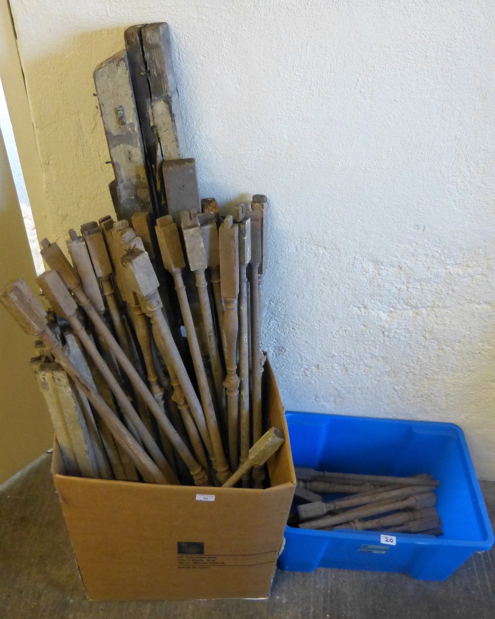 A quantity of pine spindles, Newel posts, etc. removed from a Georgian property in Malton formerly