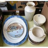 A willow pattern meat platter together with Hornsea vases, collector plates etc.