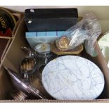 A set of vintage scales and weights, plated tea service, centrepiece, cased cutlery, cased silver