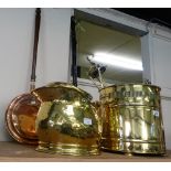 Two copper warming pans together with a brass coal helmet, coal bucket and fire irons.