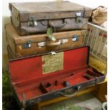 Leather shotgun case with W.W.Greener label, together with three vintage suitcases. (4)