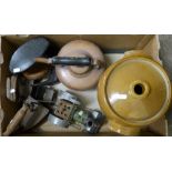 A copper kettle, steam model road roller, measuring tape, shoe last,irons etc