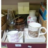 A Coalport limited edition mugs, Churchill mugs, Ainsley vase, various copperware.