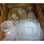 A selection of glassware including drinking glasses, decanter, centrepieces, vases, together with