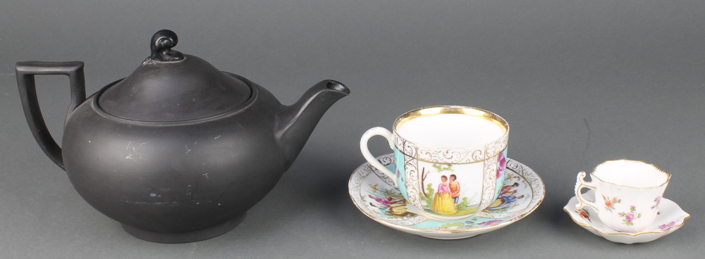 A Wedgwood black basalt teapot of classical form with scroll mop 9", a Dresden cabinet cup and