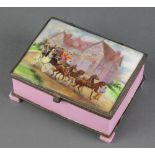 A Continental porcelain trinket box, the lid with a study of a stage coach before a country house