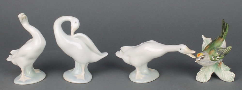 3 Lladro figures of standing geese 3" and a Goebel figure of a fire crest 3"