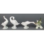 3 Lladro figures of standing geese 3" and a Goebel figure of a fire crest 3"