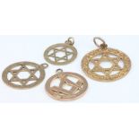 Four 9ct yellow gold fobs, 1 Masonic, 3 Star of David 8.6 grams