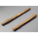 2 18th/19th Century turned wooden police truncheons 13" and 18"