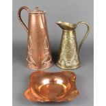 A Newlyn style planished copper jug of waisted cylindrical form 11", a Beldray embossed brass jug 9"